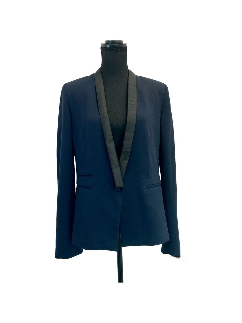 Dark navy blue black trim single breasted tuxedo structured blazer jacket 8 🇨🇦